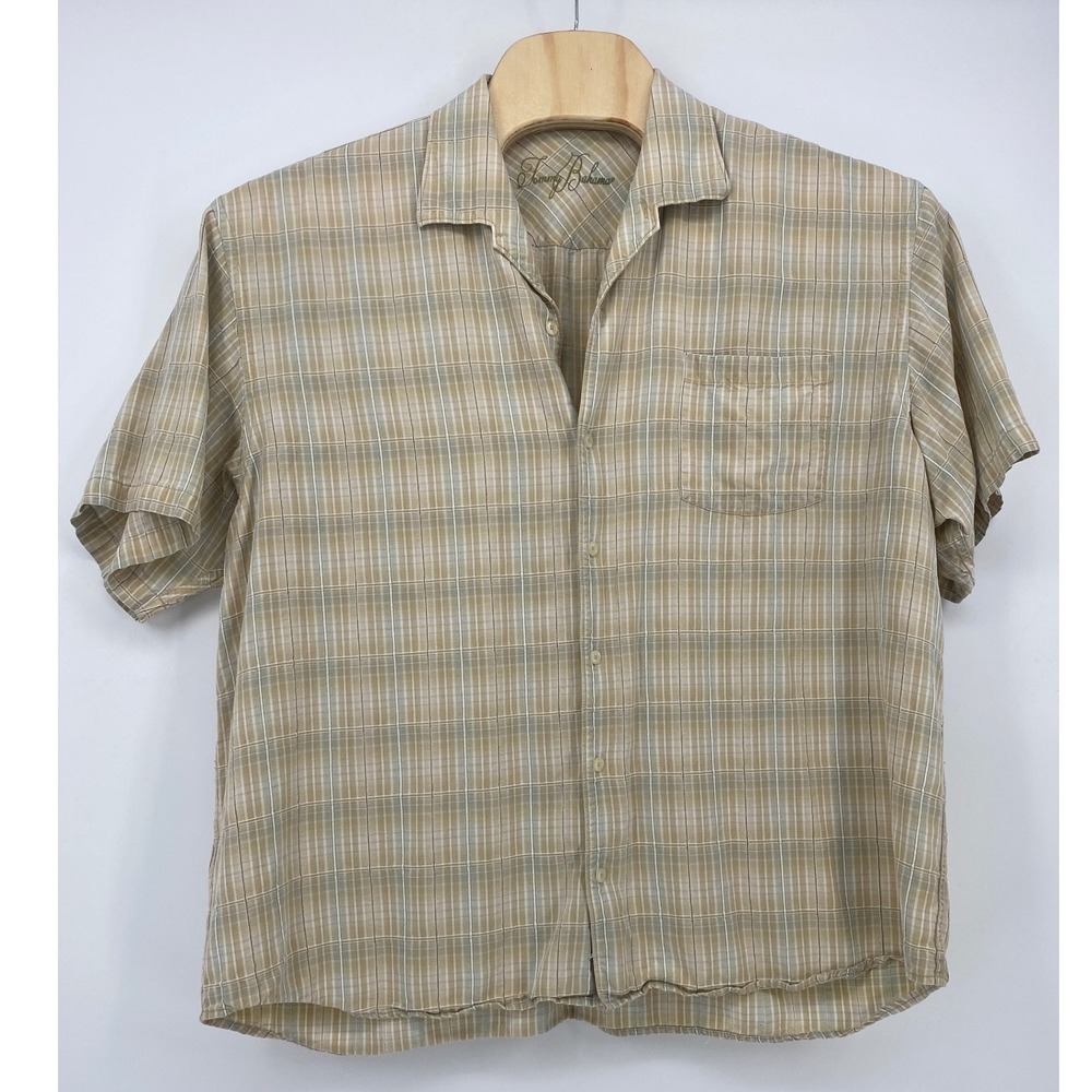 Tommy Bahama Button Up XXL Tan Excellent Plaid Tencel Short Sleeve Camp Shirt